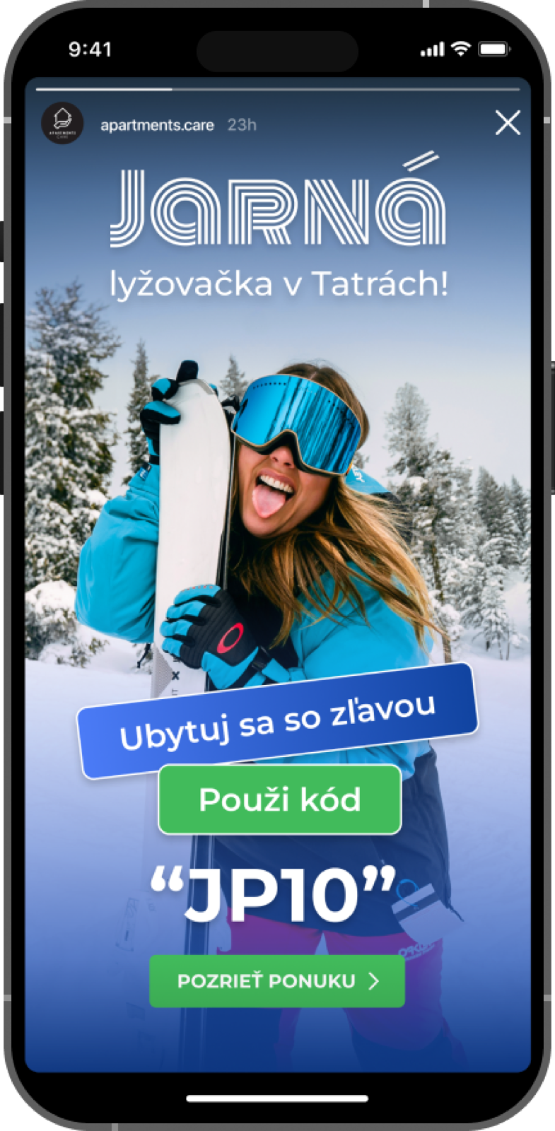 Reklamný príbeh Apartments Care, jarná lyžovačka v Tatrách so zľavovým kódom