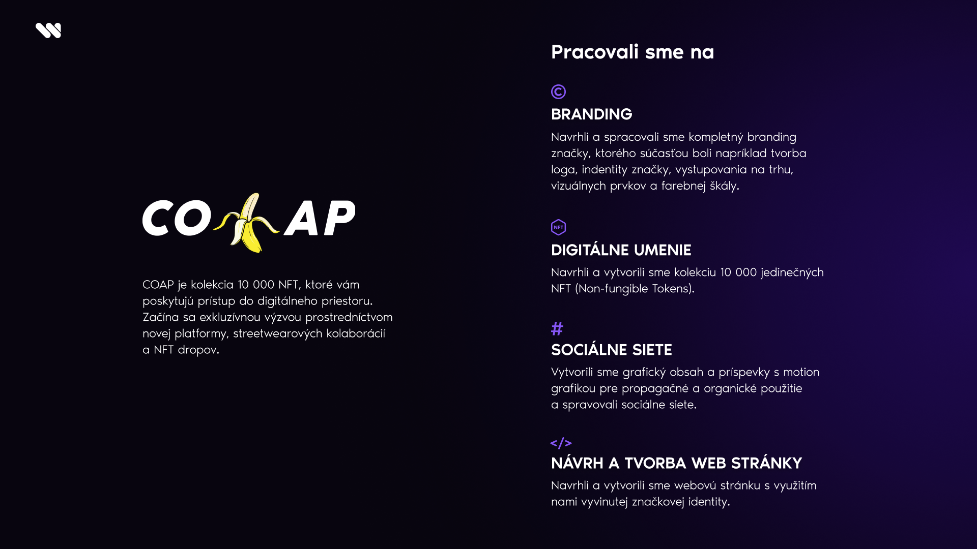 Case study CO&AP, logo značky, popis NFT kolekcie a prehľad služieb od WORQ