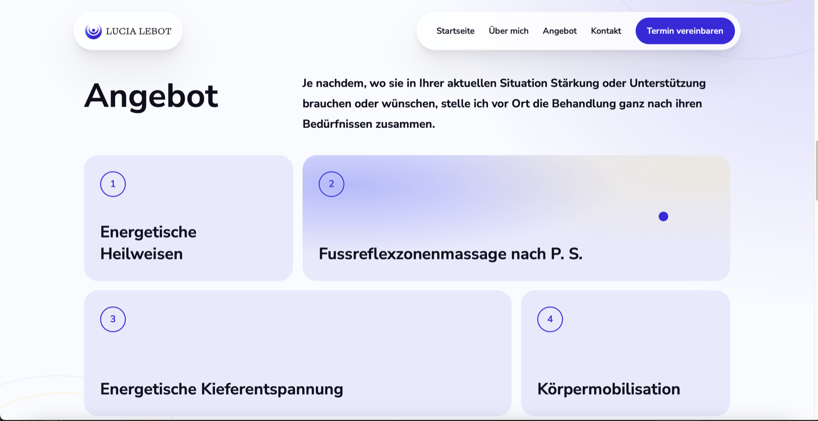 UI/UX dizajn webovej stránky Lucia Lebot, sekcia s ponukou služieb
