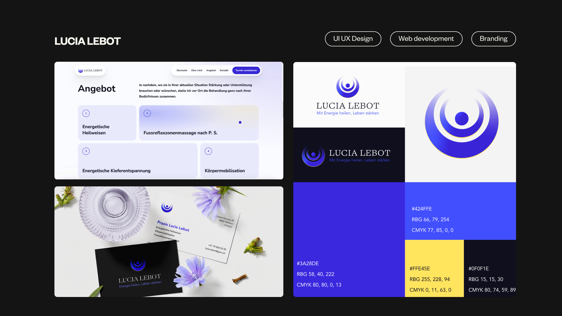 Vizuálna identita projektu Lucia Lebot, logo, farebná paleta, web a tlačoviny