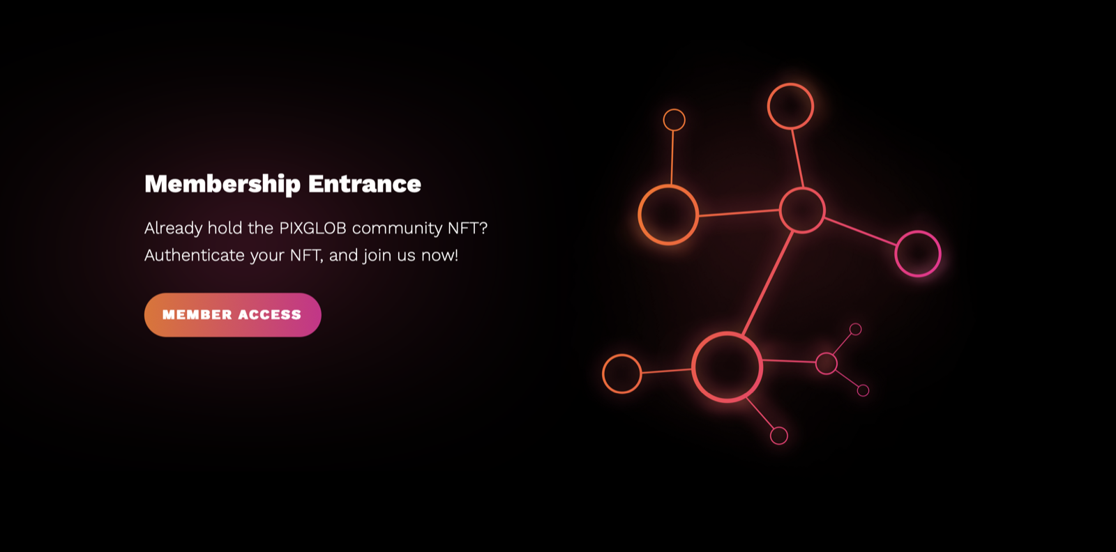 PIXGLOB, sekcia Membership Entrance s prihlásením cez NFT