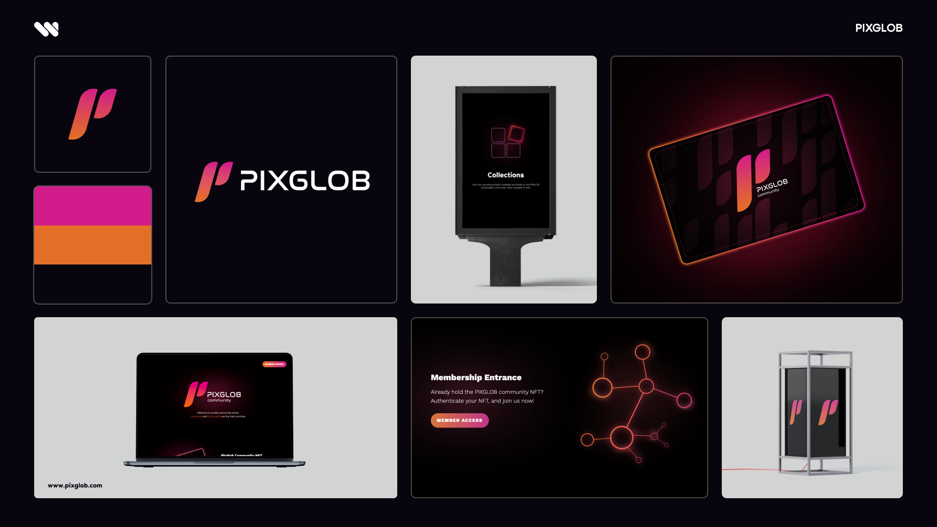 PIXGLOB, prehľad brandingu a webu: logo, členská karta a komunitná platforma