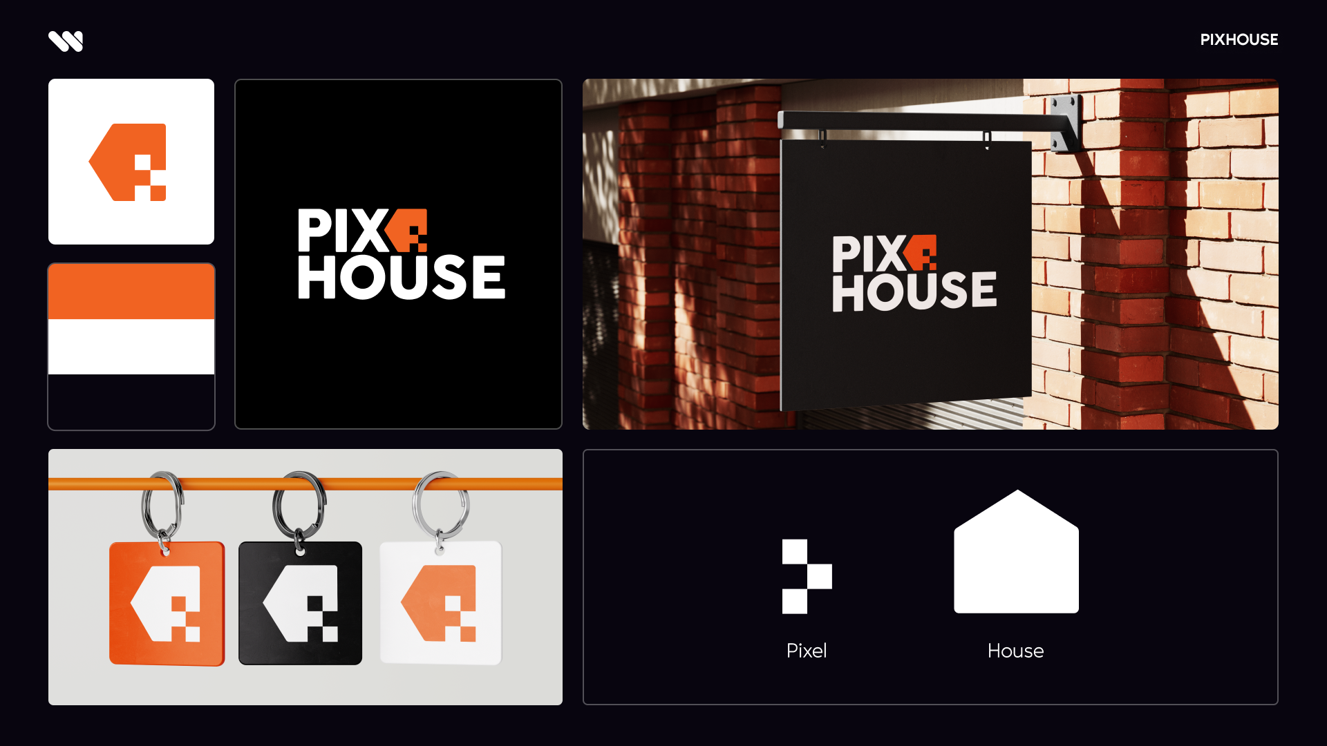 Pixhouse, prehľad case study: logo, vizuálna identita a aplikácia značky na nosičoch