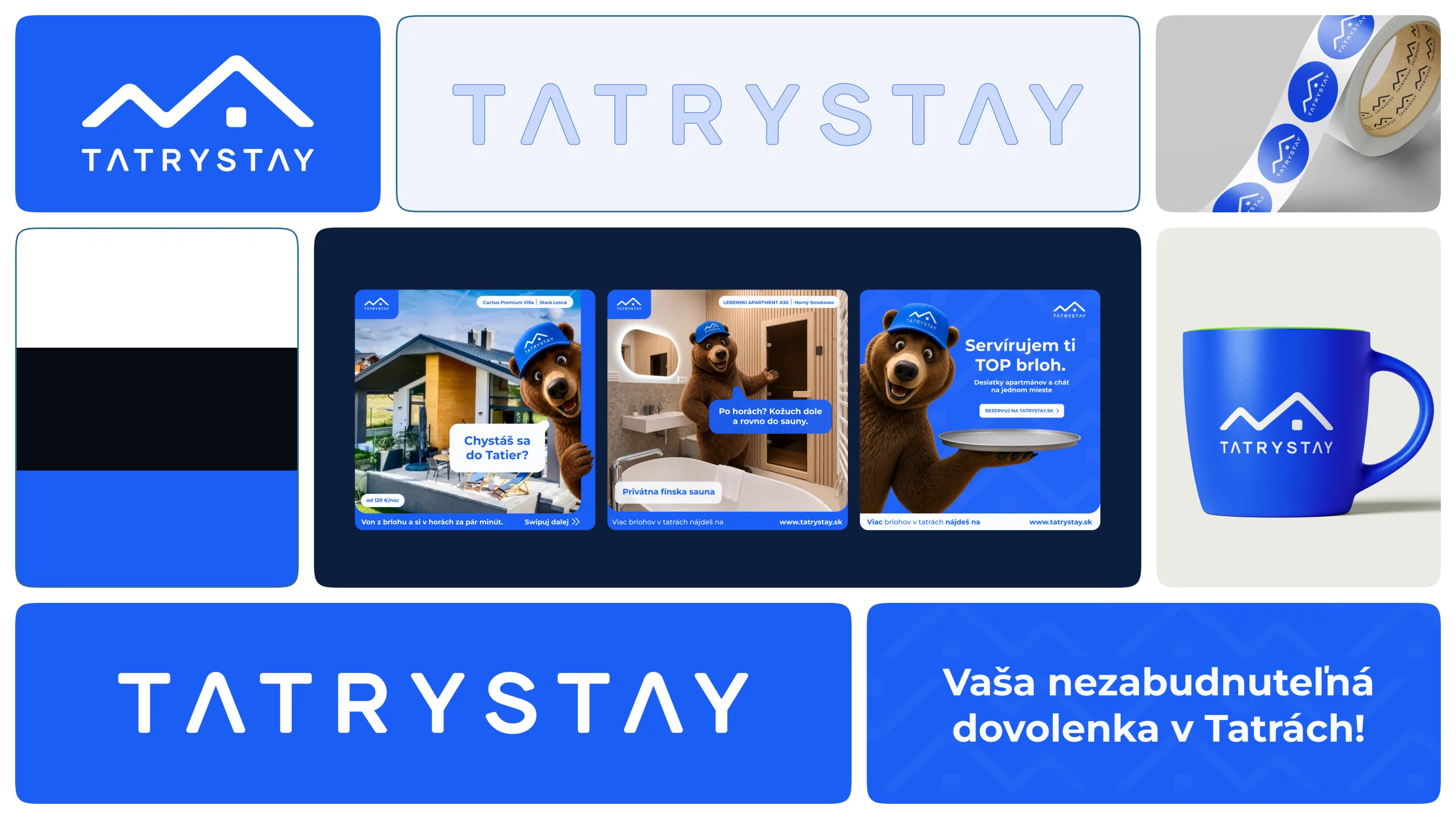 Prehľad vizuálnej identity TatryStay — logo, maskot, merch a komunikácia