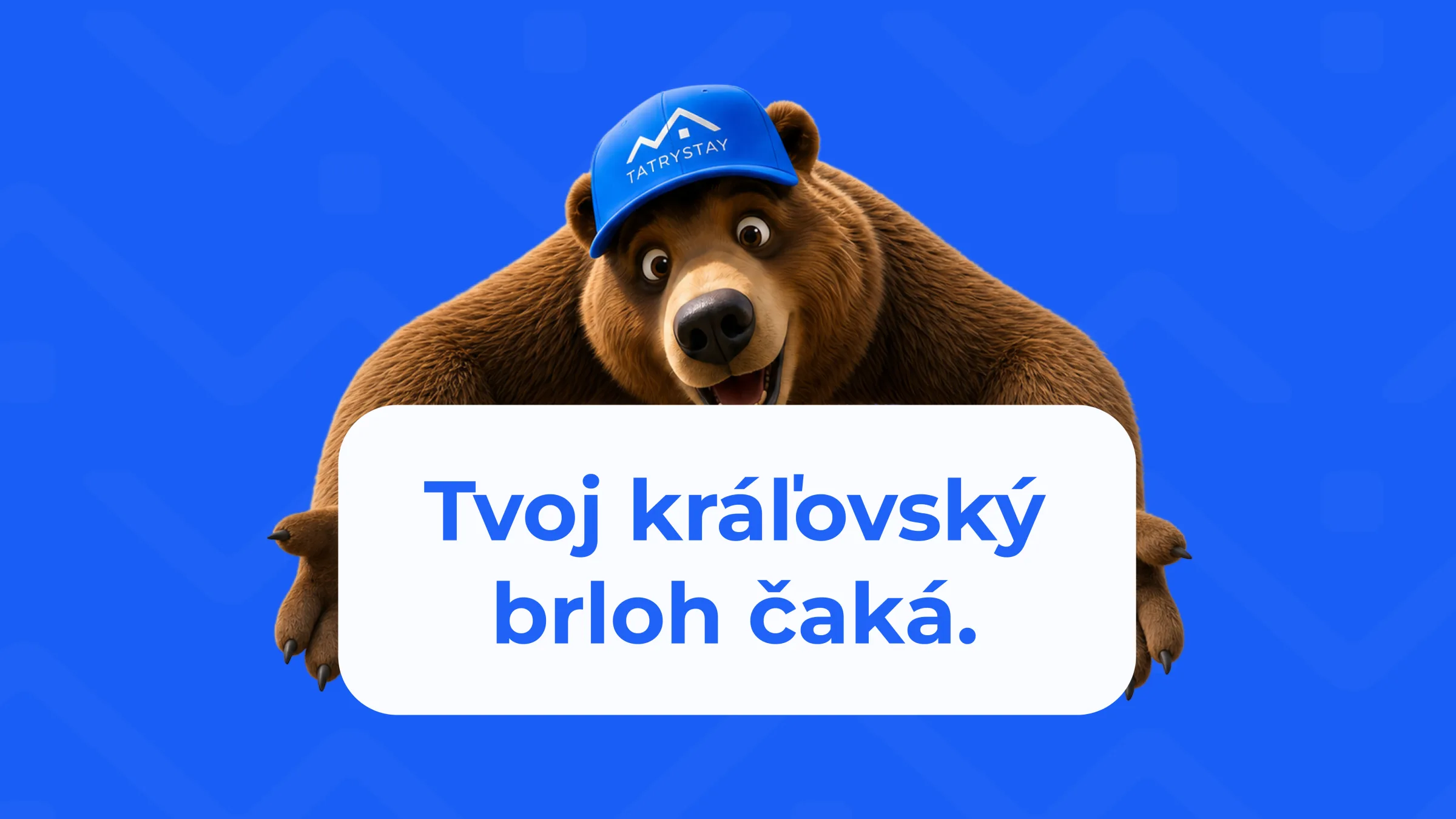 TatryStay maskot Macko drží tabuľu s heslom Tvoj kráľovský brloh čaká