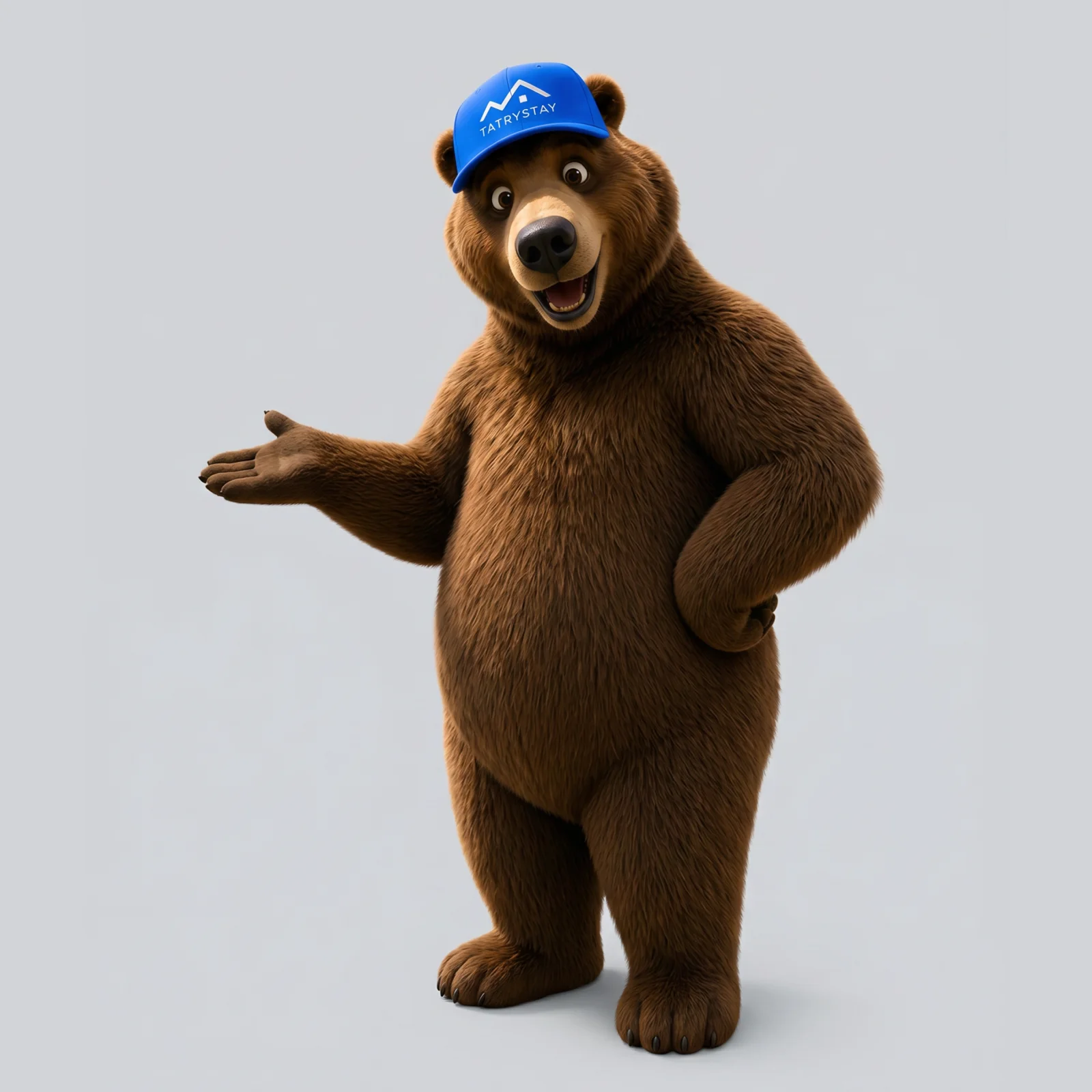 3D maskot Macko TatryStay v modrej šiltovke